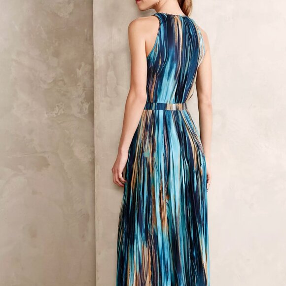 Anthropologie - Paper Crown "Rivier" Blue Multi-colored Maxi Dress, Size 10 - Picture 2 of 4
